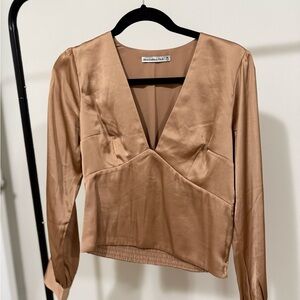 Abercrombie and Fitch Women's Satin Tan V-Neck Top